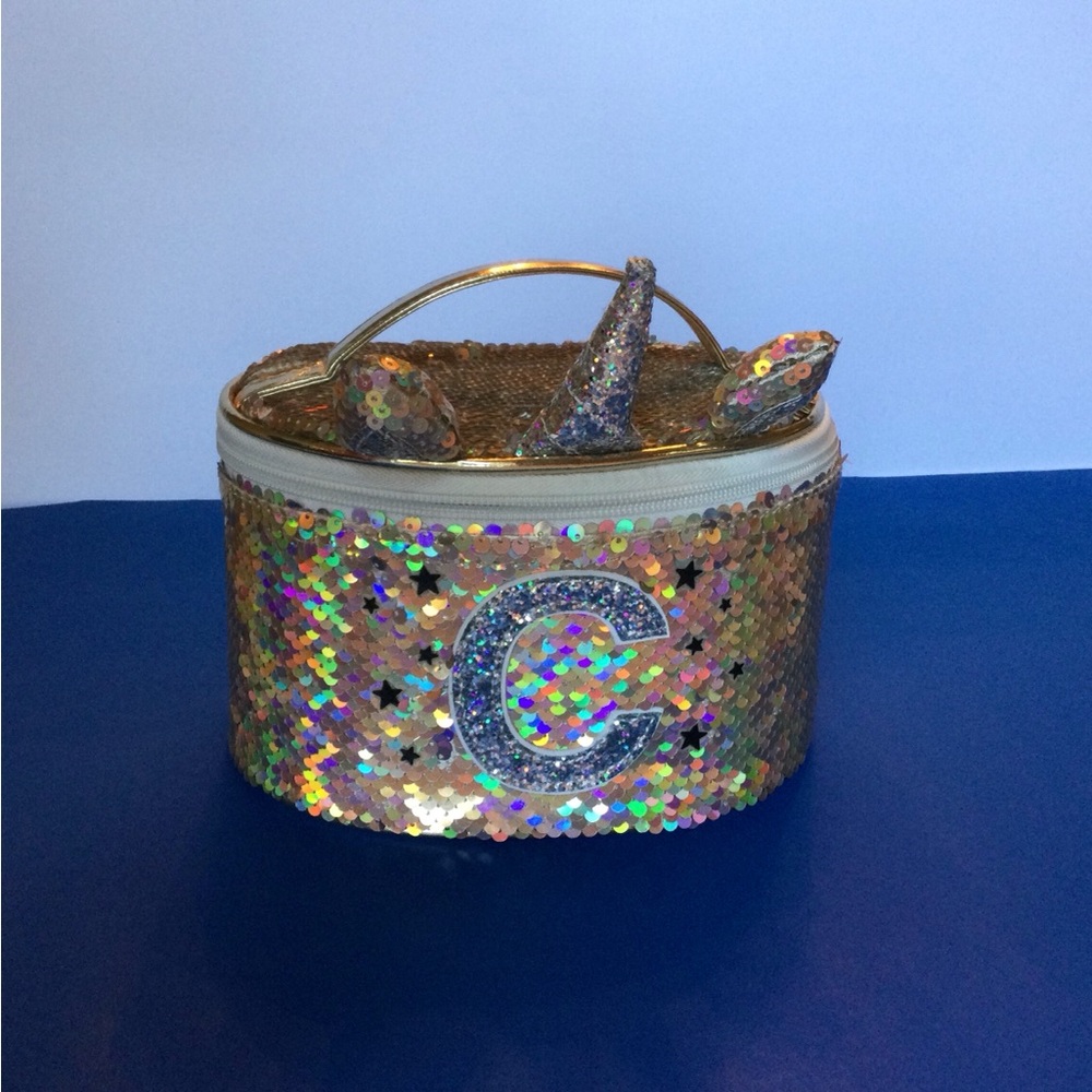 Just Shine Girls Gold Sequin Unicorn Cosmetic Case/Purse with Glitter 'C' Accent